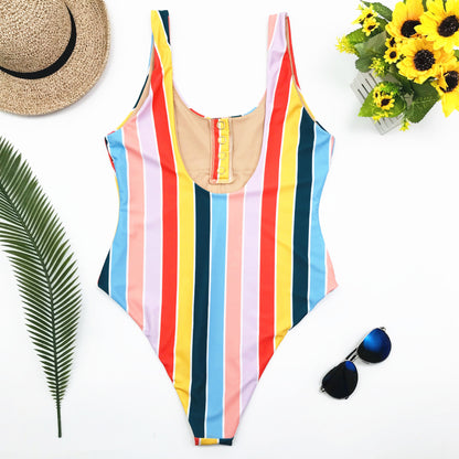 One piece swimsuit with printed snap button stripes