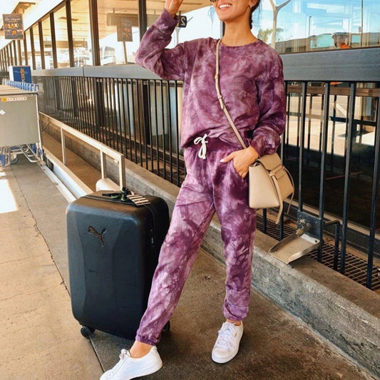 Tie Dye Long Sleeve Top Full Length Pants Travel Clothes Loungewear Set