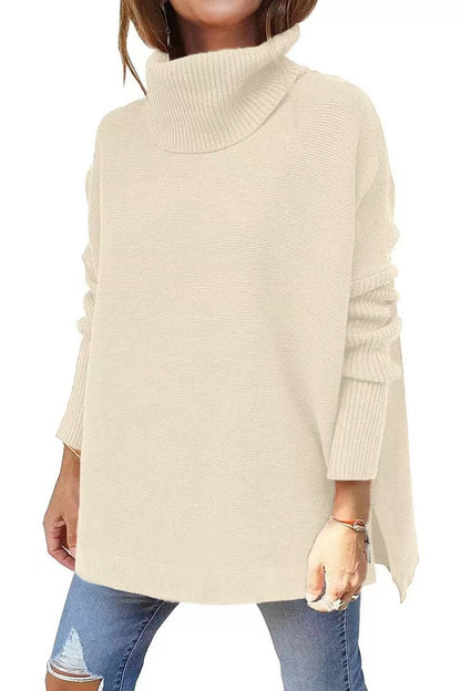 Turtleneck Sweater Mid Length Batwing Sleeve Slit Hem Tunic Pullover