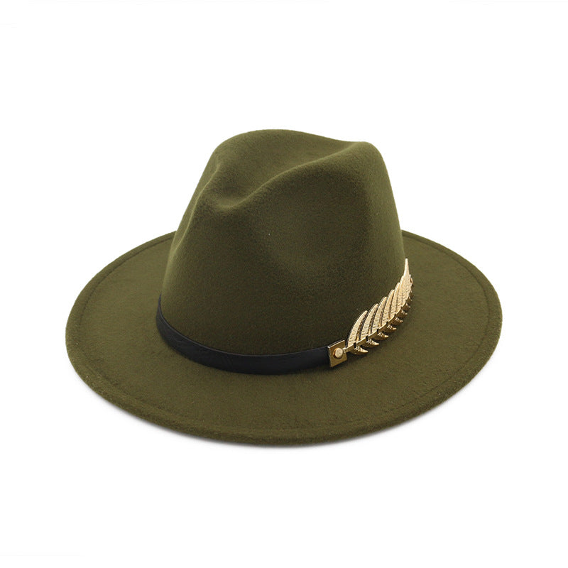 Gold Feather Detail Leather Strap Fedora