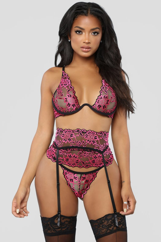 Hot Pink Floral Embroidery 3 Piece Strap Lingerie