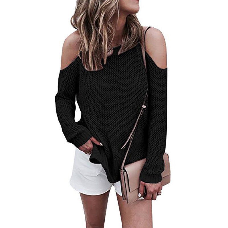 Loose Round Neck Long Sleeve Off the Shoulder Knitted Wool Top