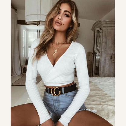 V Neck Knitted Twist Front Long Sleeve Crop