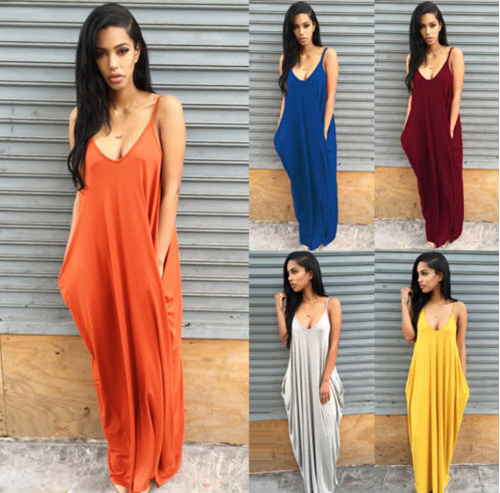 Loose Fit Strappy Plunge Long Summer Dresses