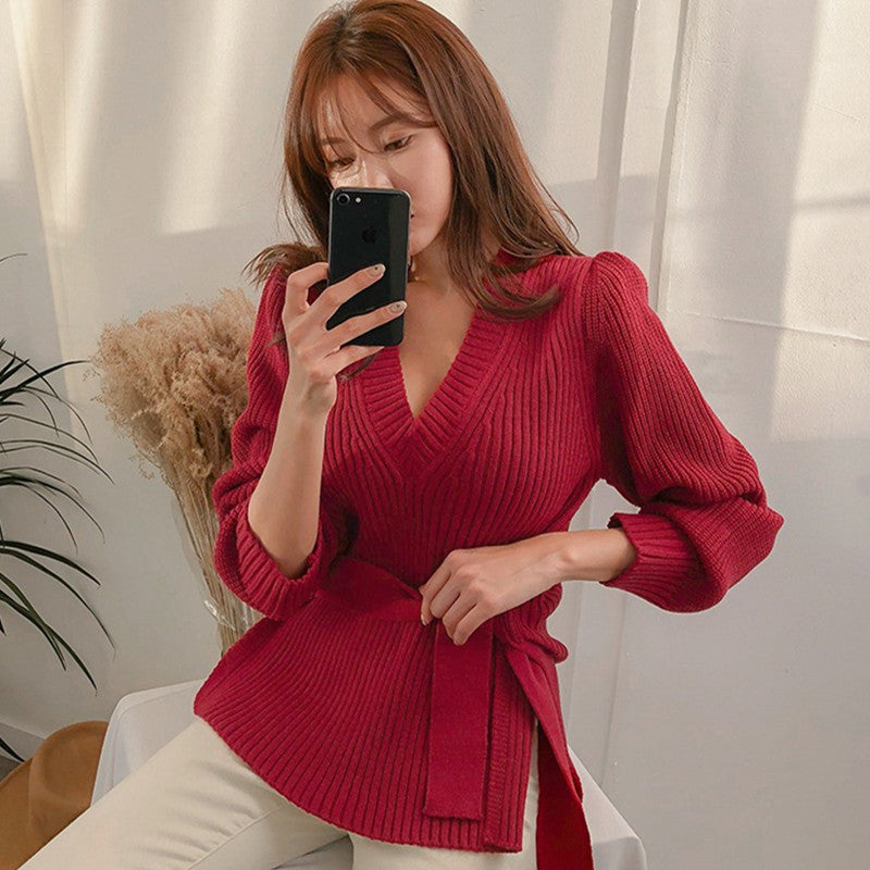 Belted V Neck Sweater