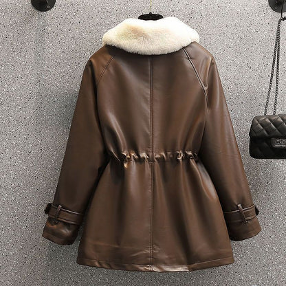 Winter Fashion Temperament Waist-controlled Fleece-lined Leather Coat