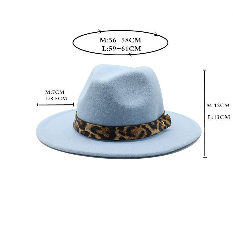 Leopard Print Detail Woolen Flat Brim Fedora