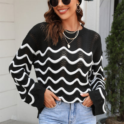 Wave Stitch Embroidery Long Sleeve Sweater