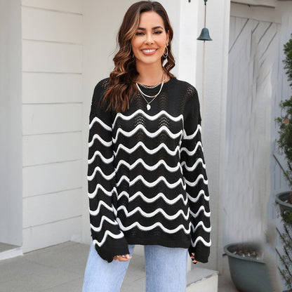 Wave Stitch Embroidery Long Sleeve Sweater