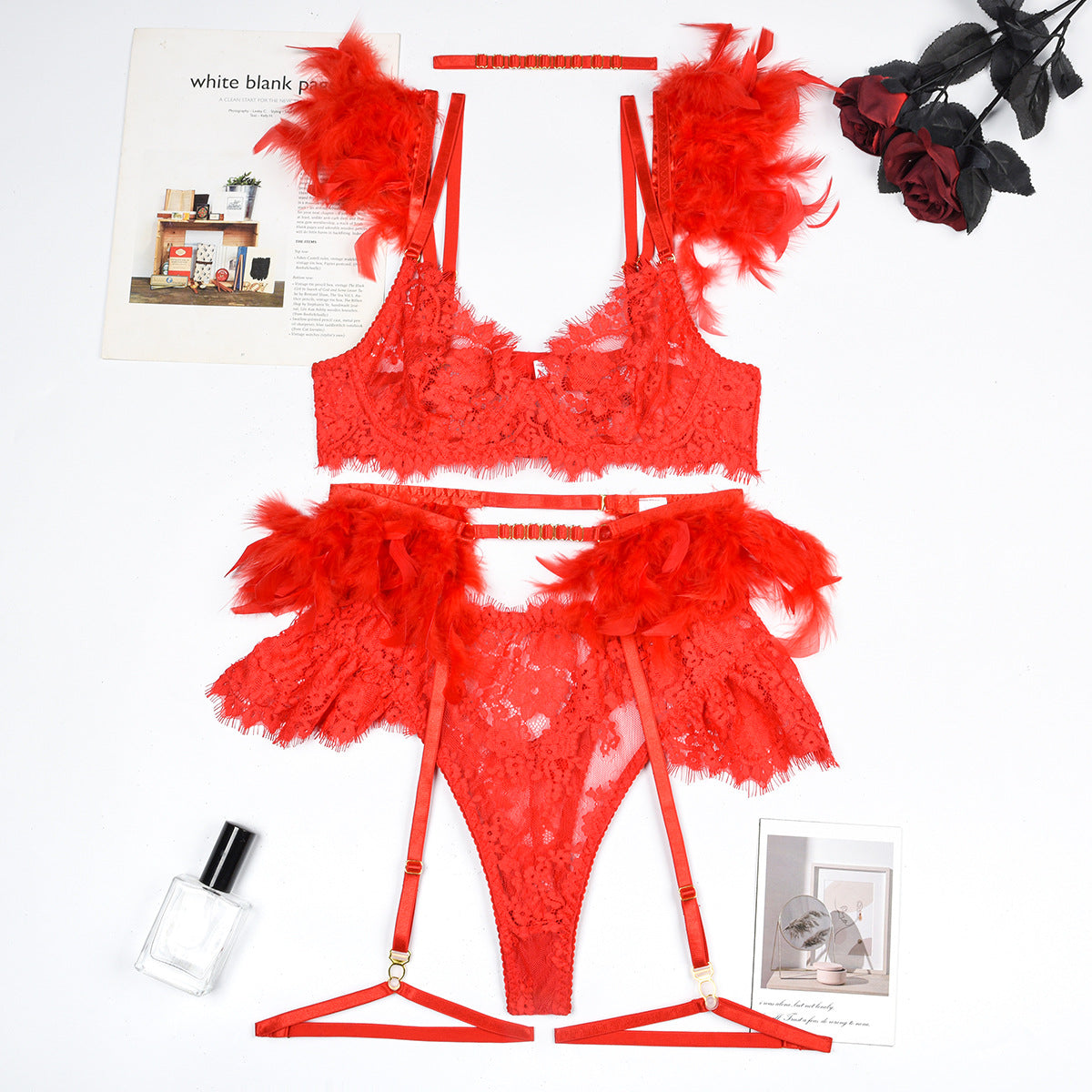 Feather Trim Lace Lingerie Set