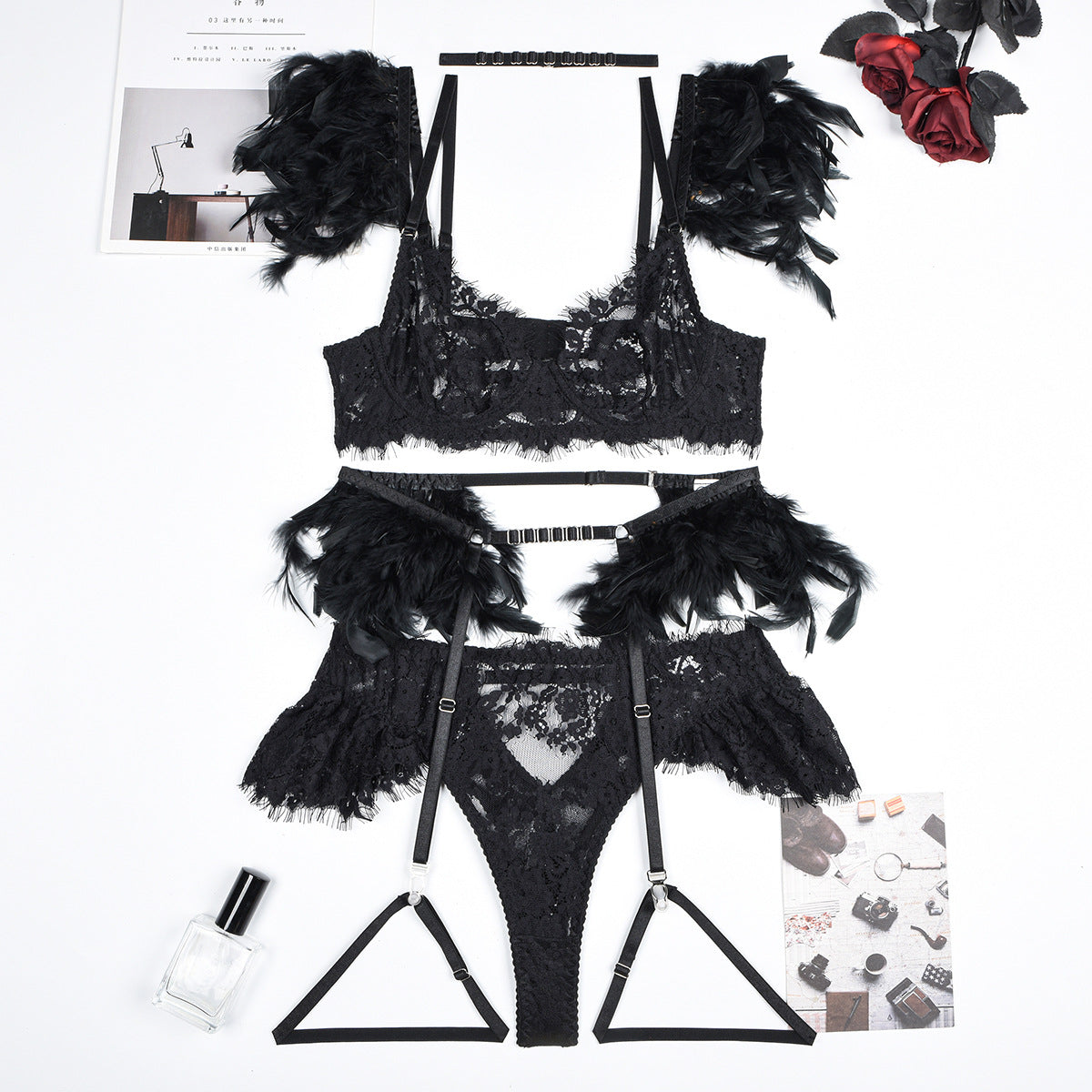 Feather Trim Lace Lingerie Set