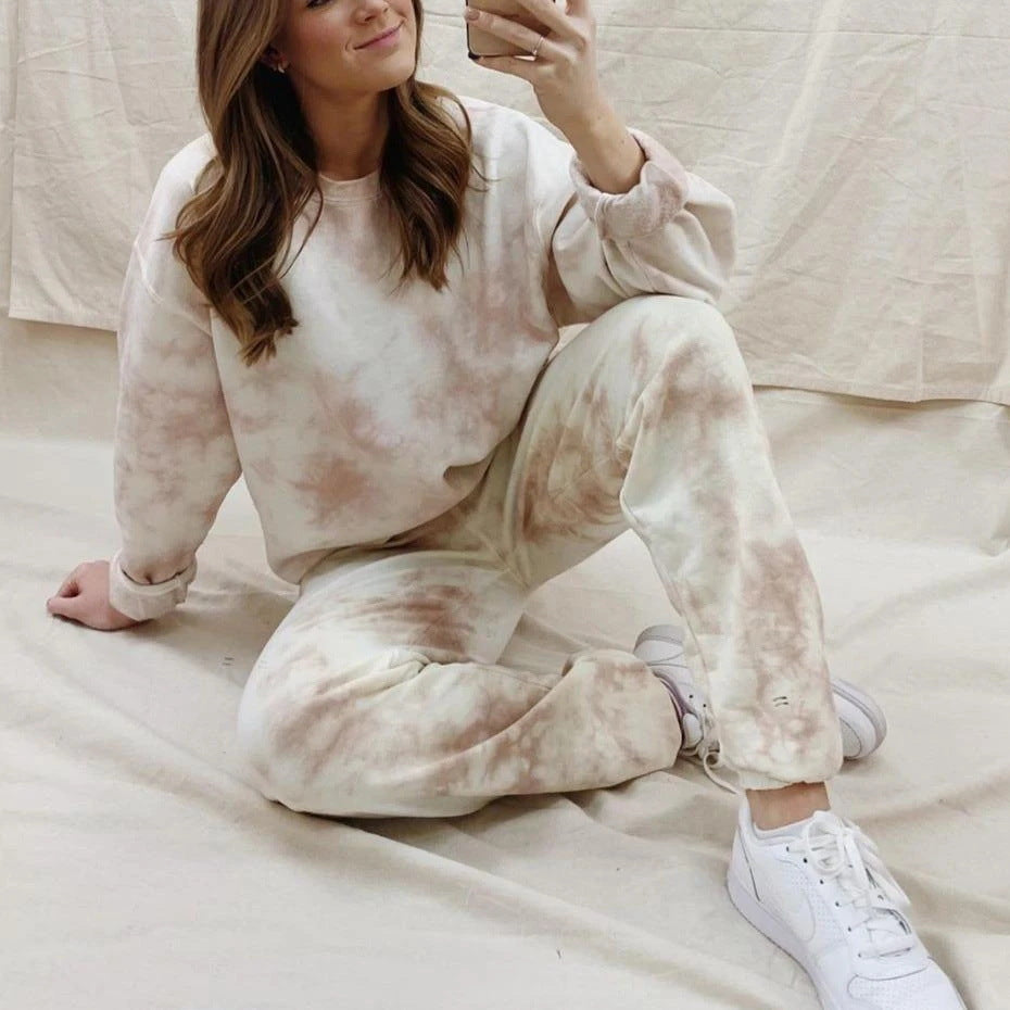 Tie Dye Long Sleeve Top Full Length Pants Travel Clothes Loungewear Set