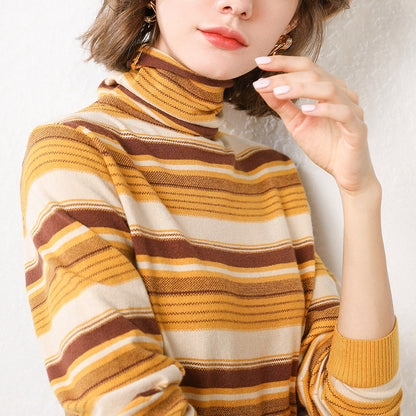 Turtleneck Women's Pile Of Stripes With Backing Knitwear