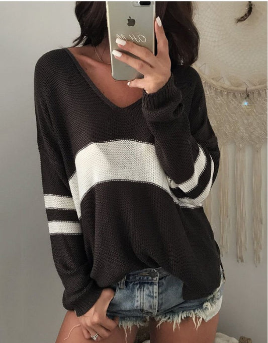 Varsity V neck Loose Sweater