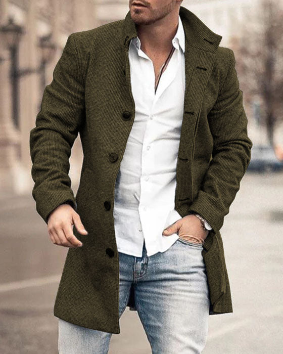 Wool Stand Collar Medium Long Pocket Casual Coat