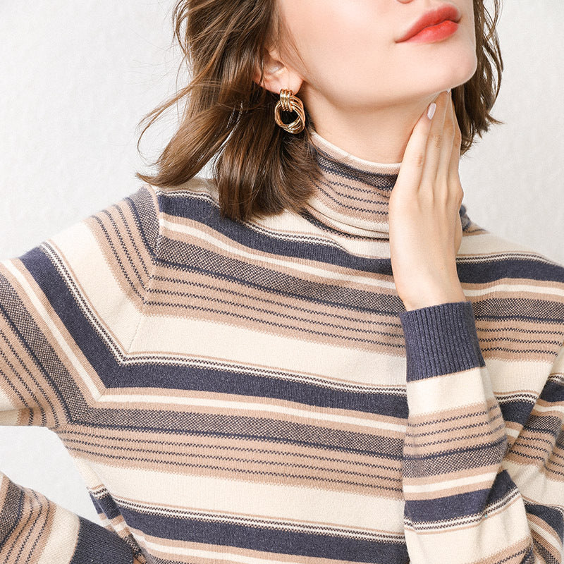 Turtleneck Women's Pile Of Stripes With Backing Knitwear