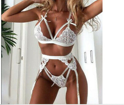 Lace Strapping Harness Embroidery Detail 3 Piece Lingerie