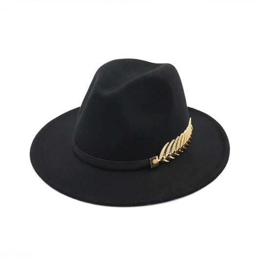 Gold Feather Detail Leather Strap Fedora