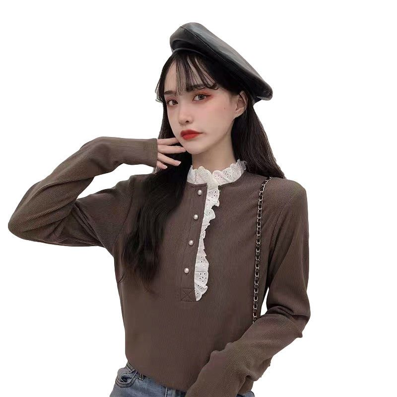 Standing Collar and Pearl Button Detail Frill Lace Long Sleeve Sweater