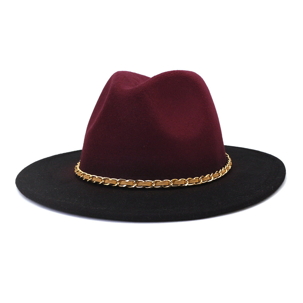 Gold Link Chain Detail Flat Brim Woolen Jazz Hat