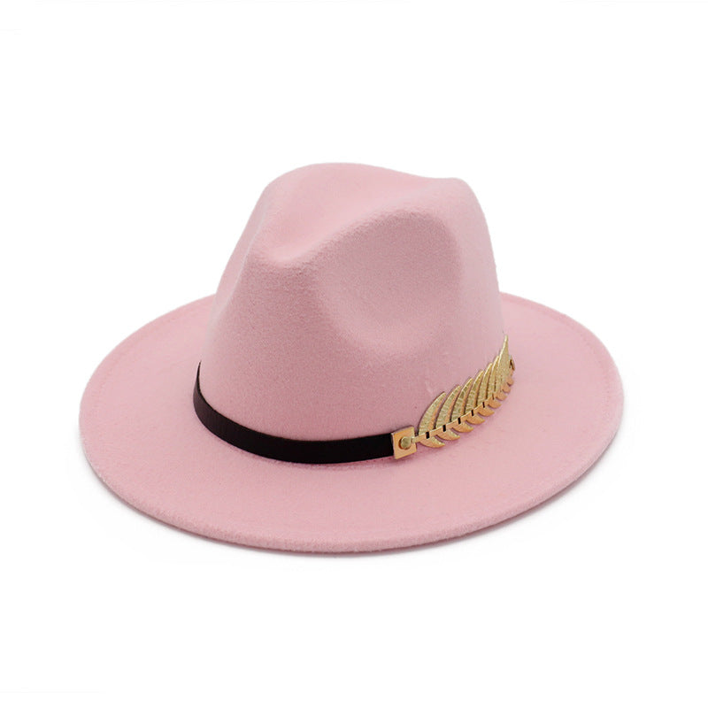 Gold Feather Detail Leather Strap Fedora