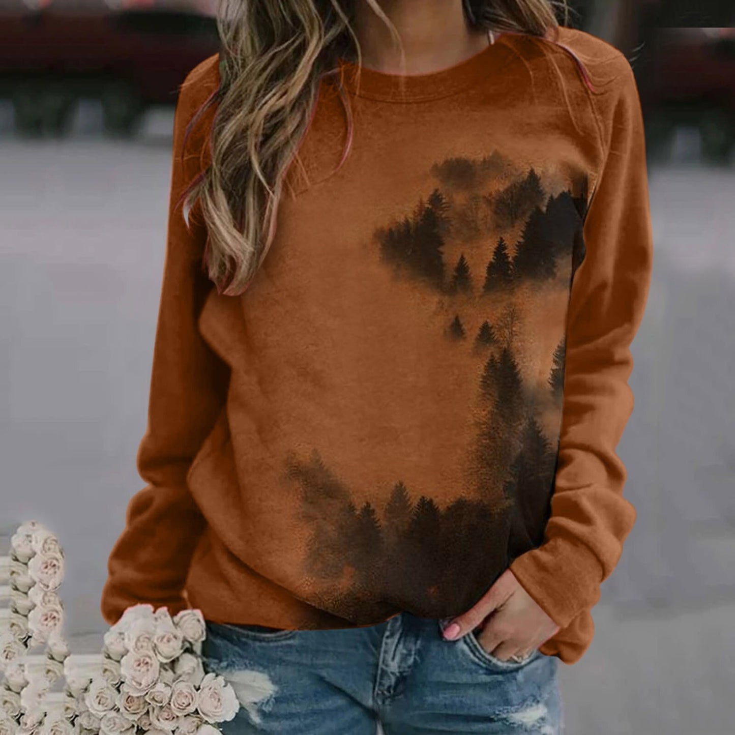 Mountains Pattern Print Sweatshirts Warm Autumn Aesthetic Clothing O Neck Long Sleeve Shirts Casual Loose Comfy Tunic Tops