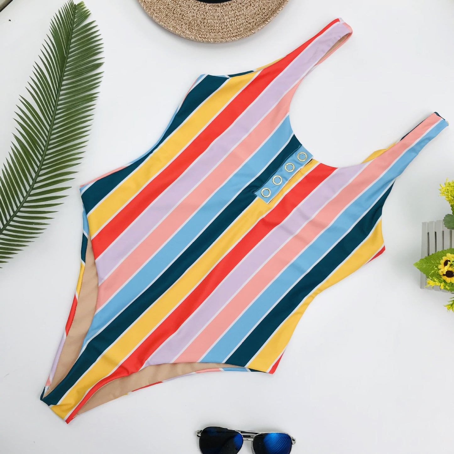 One piece swimsuit with printed snap button stripes