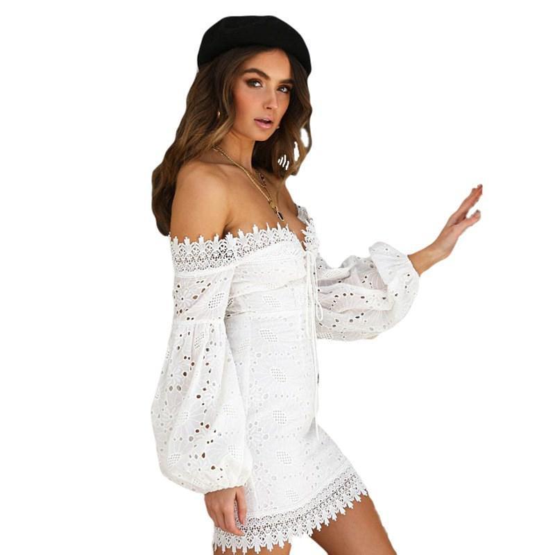 White Off the Shoulder Lace Hem Detail Boho Mini