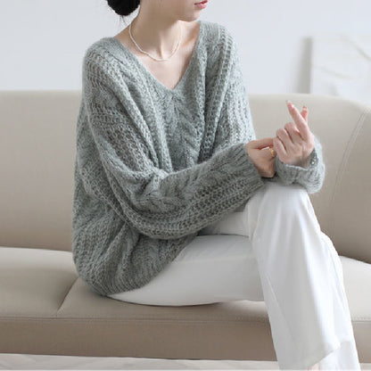 Mohair Cable Knit Long Sleeve V Neck Knitwear Sweater