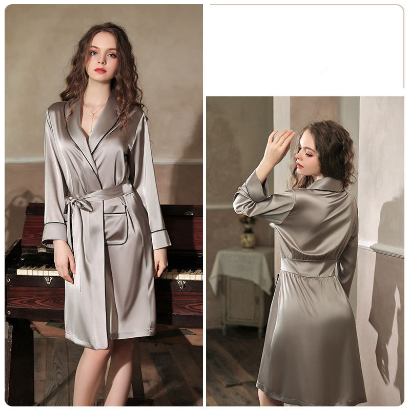 Imitation Silk Private Room Mid-length Nightgown Bathrobe Set