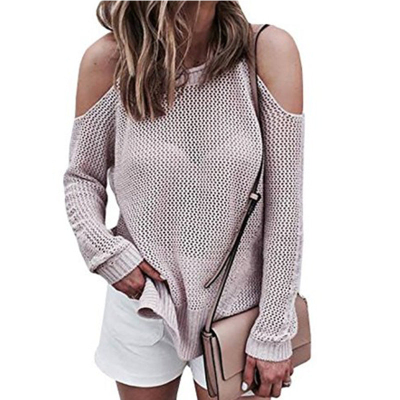 Loose Round Neck Long Sleeve Off the Shoulder Knitted Wool Top