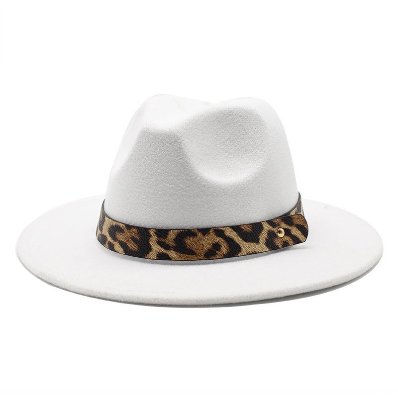 Leopard Print Detail Woolen Flat Brim Fedora