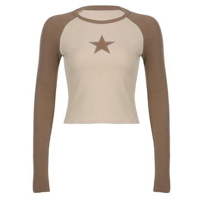 Stars Patchwork Long Sleeve T-shirts Women Slim Tops