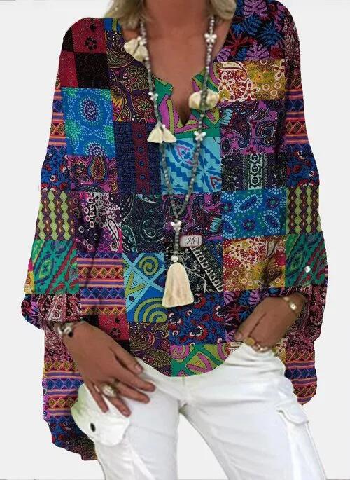 Paisley Indigenous Bohemian Print Open V Neck Shirt