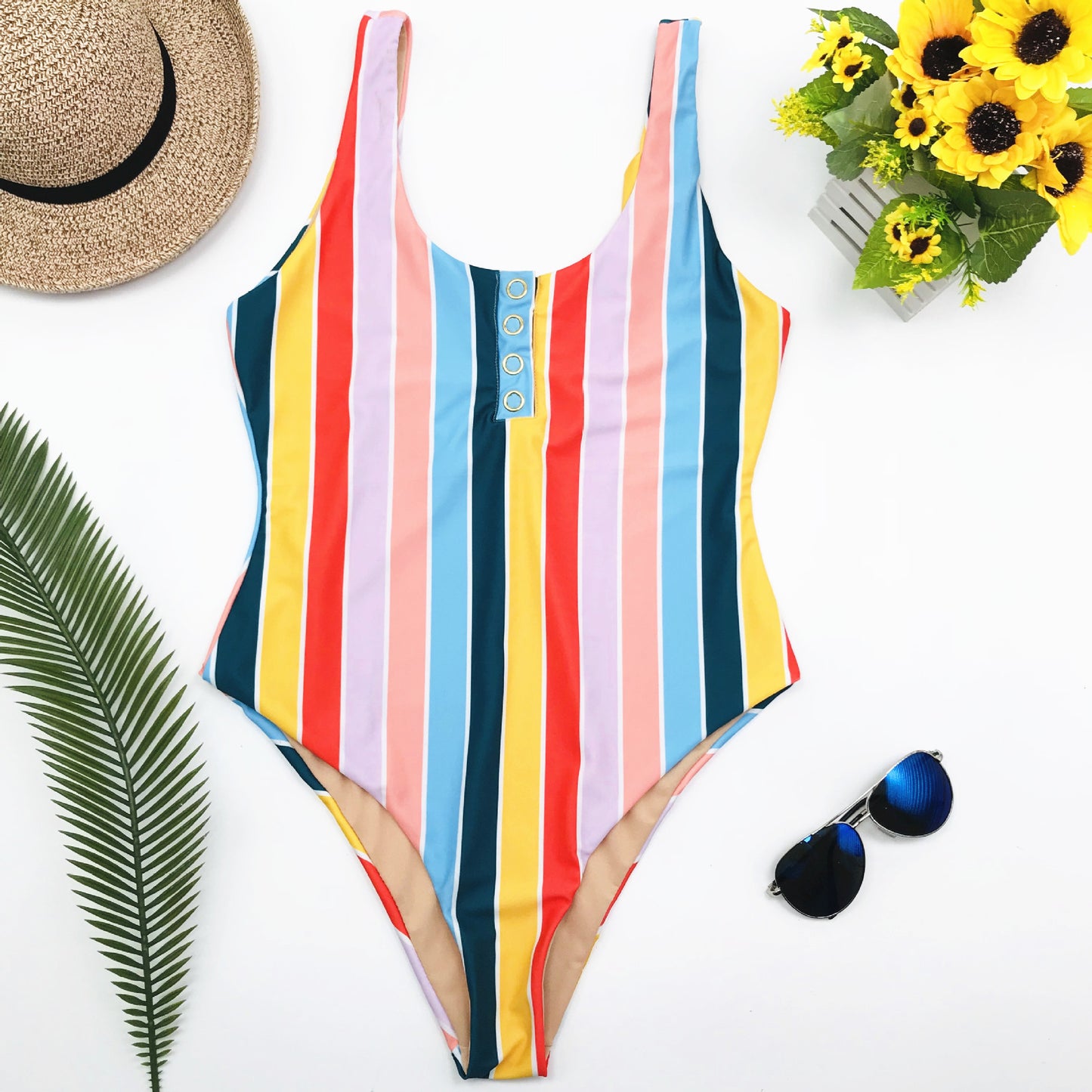 One piece swimsuit with printed snap button stripes