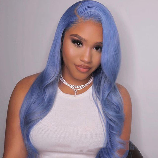 Real Human Hair Sky Blue Body Wave Human Hair Lace Front Wigs