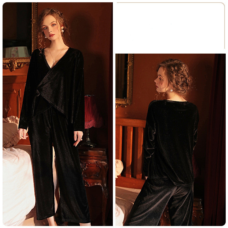 Velvet Pajama Deep V Tie Long Sleeve Pants Set