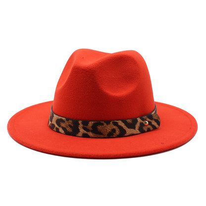 Leopard Print Detail Woolen Flat Brim Fedora