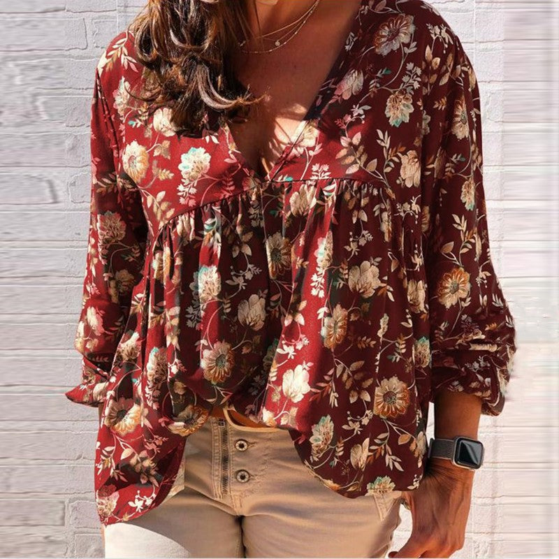 Soft Smooth Casual Floral Print Long-sleeved V Neck Blouse