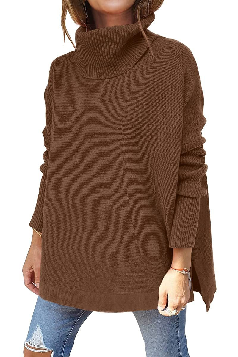 Turtleneck Sweater Mid Length Batwing Sleeve Slit Hem Tunic Pullover