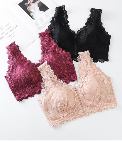 Lace Scalloped Edge Front Zipper Beauty Back Crop Bra