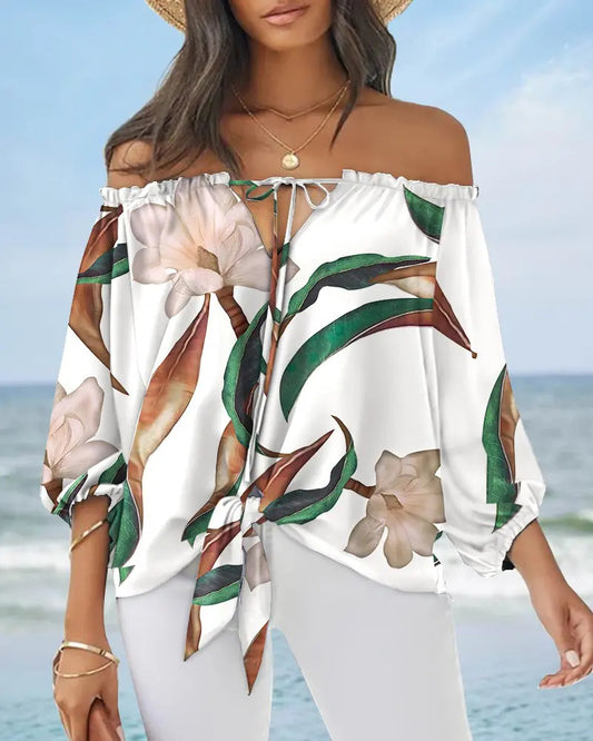 Sexy Off Shoulder Printed Chiffon Shirt Women Fashion Tied Detail Long Sleeve Pullover Tops Street Vintage Lady Blouse