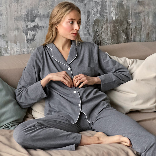 Grey Tone Thermal Knitting Cotton Silk Long-sleeved Pajamas For Women