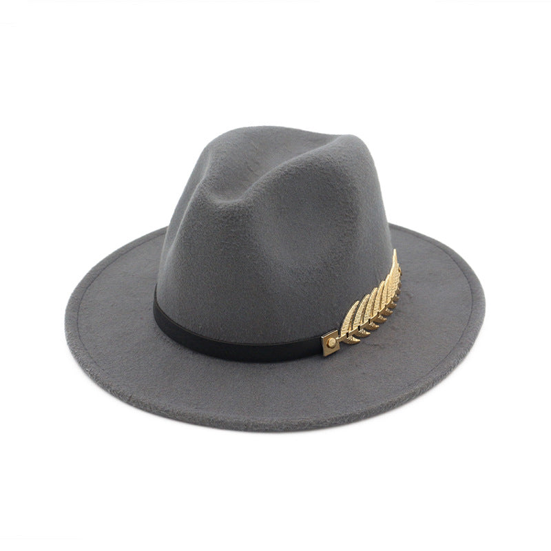 Gold Feather Detail Leather Strap Fedora