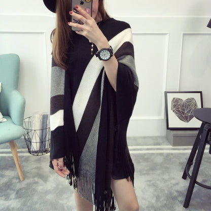 Pastel Tone Stripe Embroidery Tassel Overcoat Poncho Outerwear