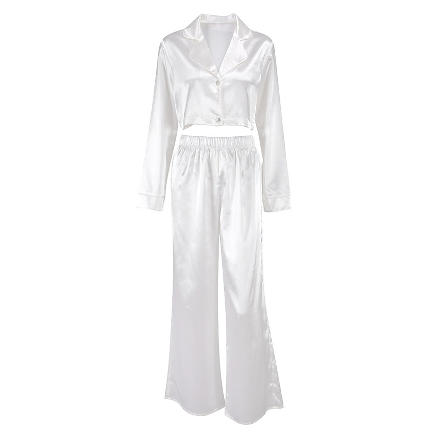 Ice Silk Pajama Suit White Casual Fashion