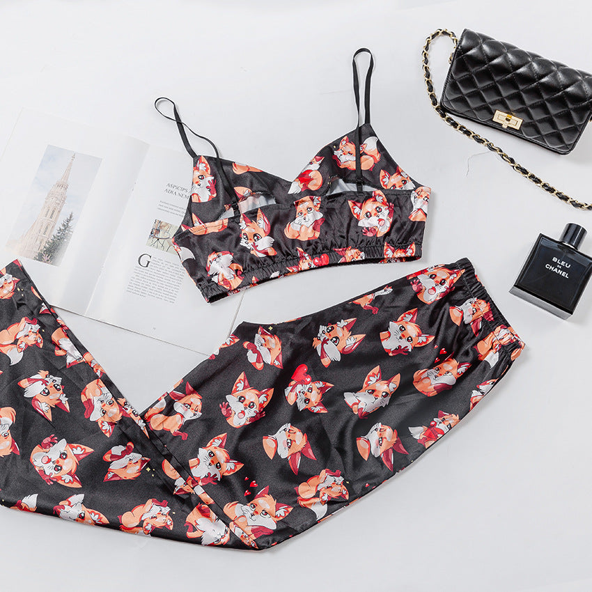 Fox Print Full Length Pants Bralette Combo Pajama Set