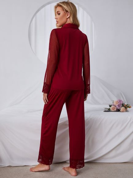 Red Net Gauze Long-sleeved Top And Trousers Pajama Set