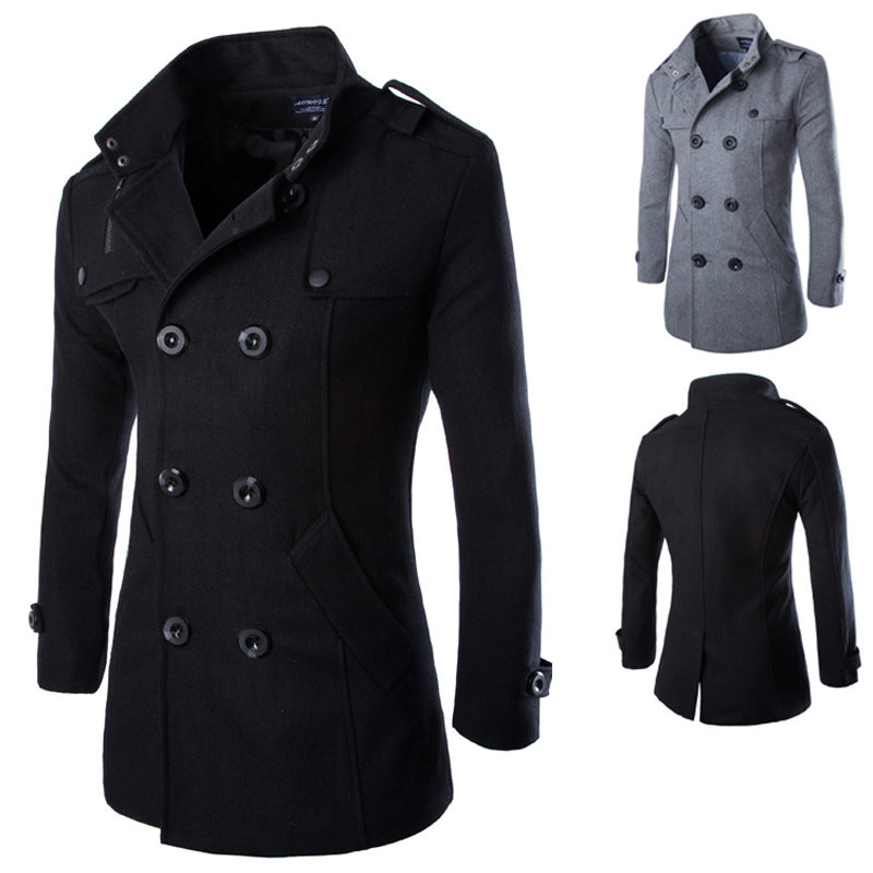 Slim-fit Double-breasted Mid-length Woolen Coat