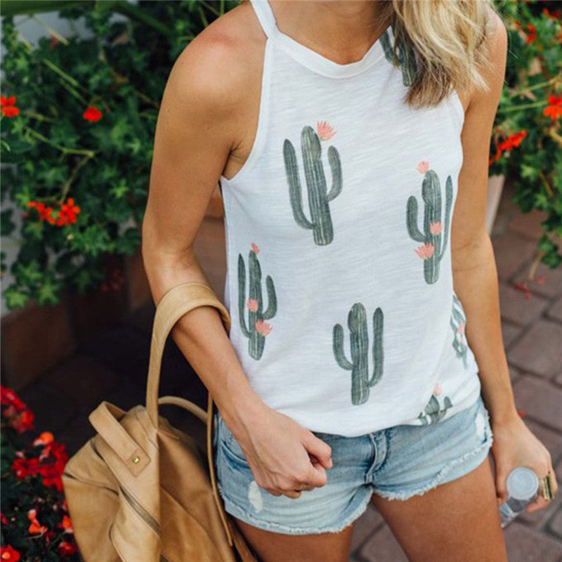 Cactus Print Casual Halter Harajuku Women Tops